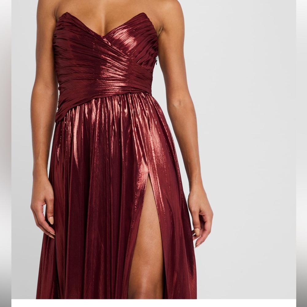 Retrofete Red Strapless Pleated Gown with Slit